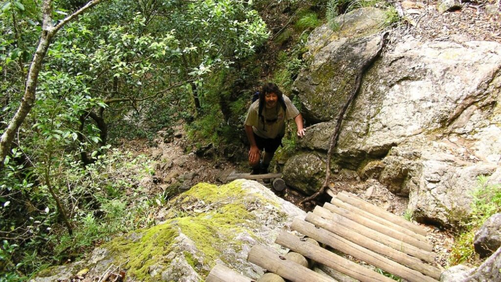 man walking up Skeleton Gorge