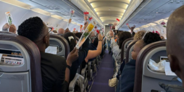 Lift Airline gives flowers and chocolates to its passengers for valentine's.