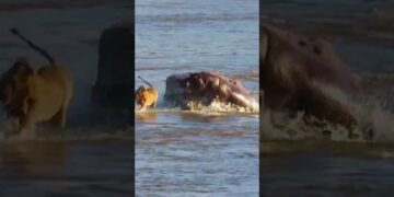 hippos attack lion